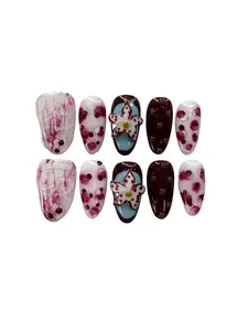Orchid Bliss Press-On Nails - Deep Burgundy Soft Pink Vibrant Blue Floral Designs Glossy Accents for Any Occasion