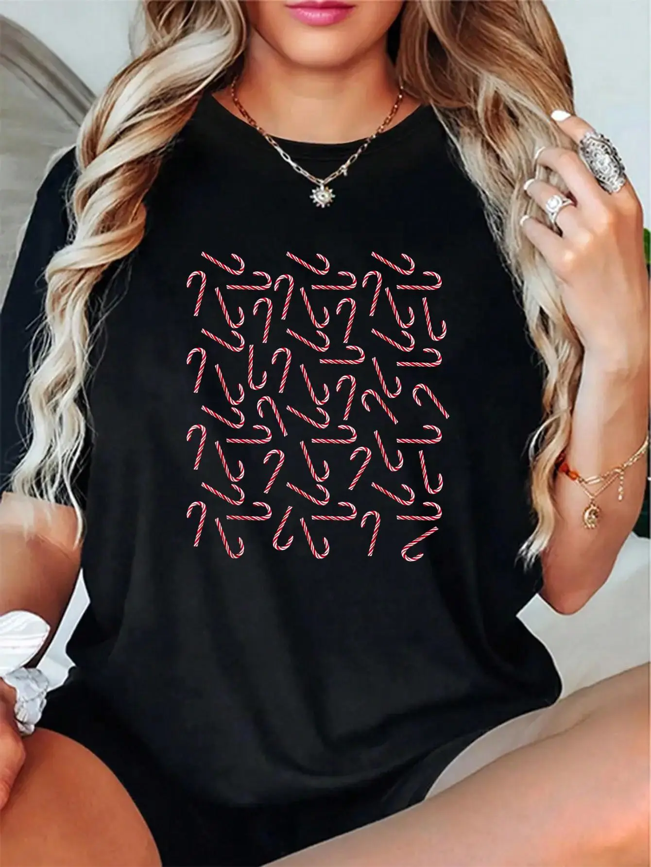 100% Cotton Unisex Candy canes Shirt for Women Kids Men Candy Cane Christmas T-Shirt spring/autumn Christmas snowflake fun cookie pattern women's shirt