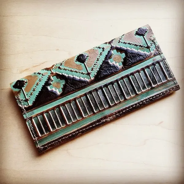 Women's Embossed Leather Wallet, Genuinely Turquoise Navajo Style