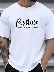Casual Graphic T-Shirt for Men in Plus Sizes - Features a Positive Mind, Vibes, Life Design, Made from Soft, Short Sleeves, Ideal for Daily And Outdoor Use, Relaxed Fit for Big And Tall Men, PLUS SIZE