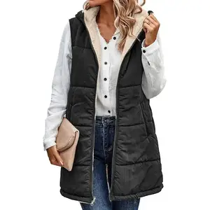 Women’s long puffer vest: fall zip-up reversible fleece jacket, warm sleeveless hooded coat with pockets for winter 2025