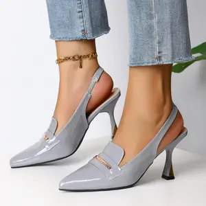 Women’s Slingback Pumps Pointed Toe Shiny Gray Patent Leather Dress Shoes with Gold Heel Accent Casual & Work