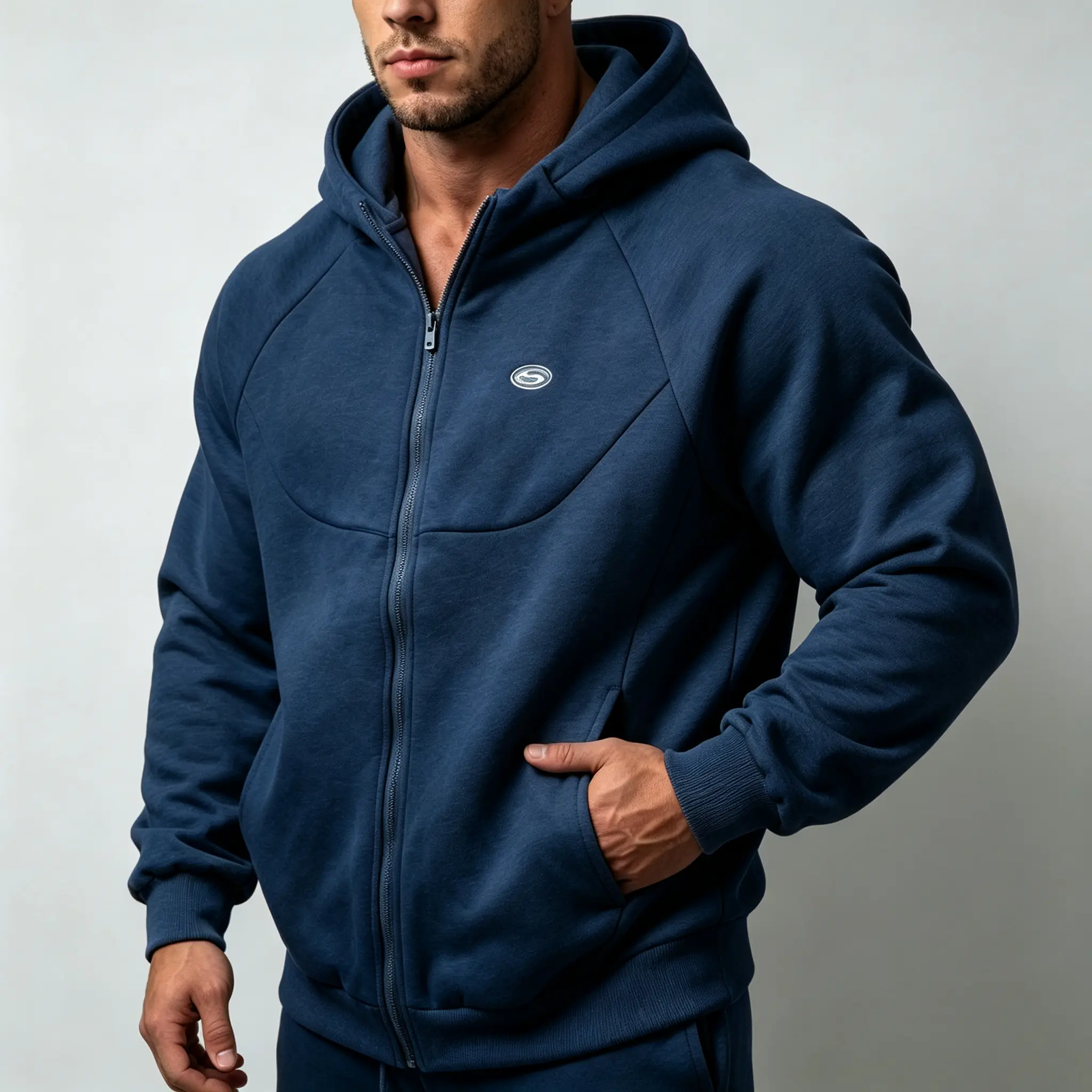 Men’s thick, smooth fitness hoodie top – raglan sleeves, full zipper, minimalist small embroidered logo, loose drop-shoulder fit
