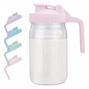 Breast Milk Pitcher with Leak Proof Flip Cap & Pour Spout, 32 oz Wide Mouth Mason Jars for Breast Milk Storage Container, Glass Picther with Lid for Cold Brew Coffee, Sun Tea, Juices, Pink
