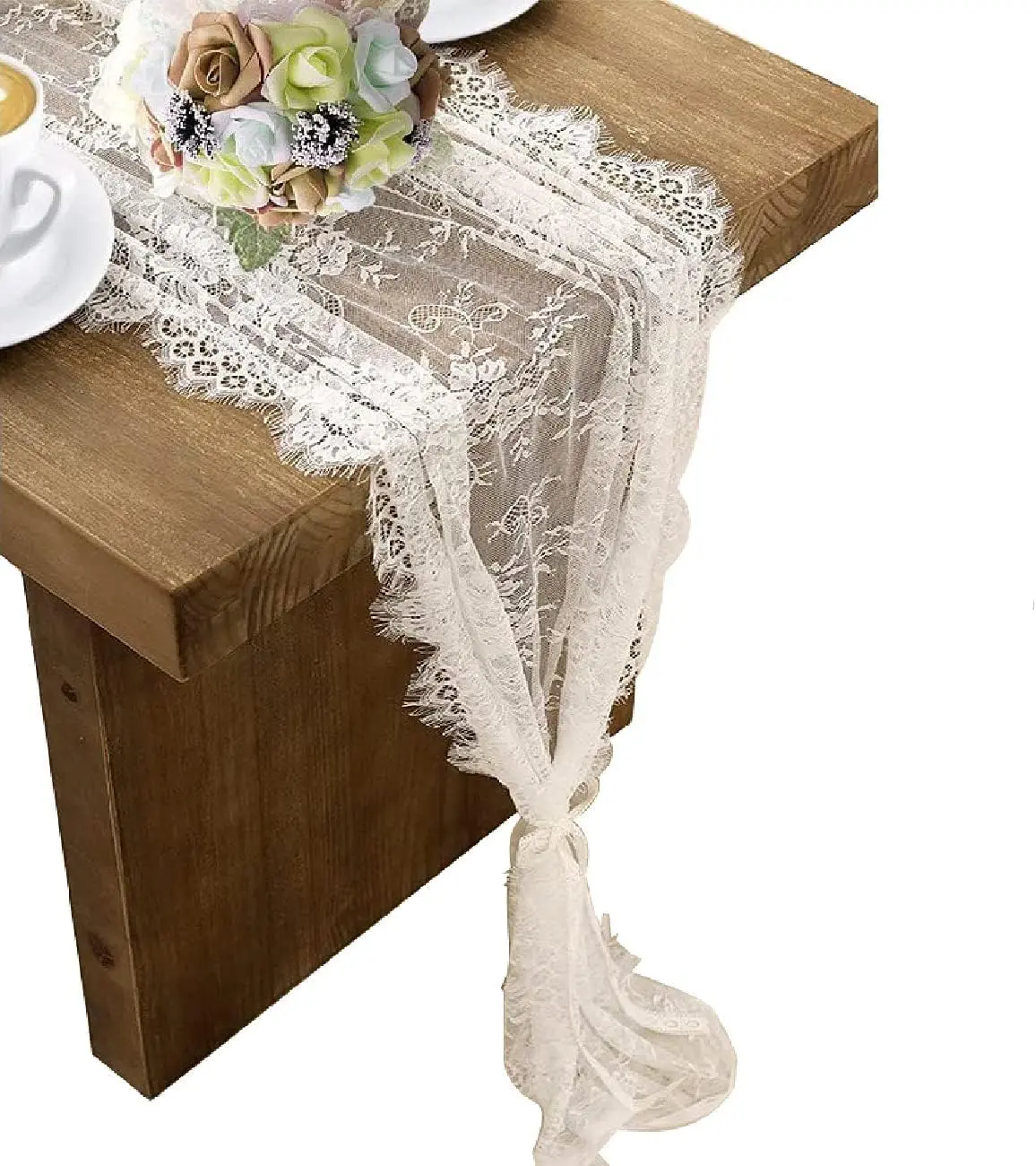 White Lace Embroidery Table Runner - 14x120 in, Non-Customised Reusable Boho Vintage Rustic Machine-Washable Non-Bleachable Lace Fabric Kitchen Linen for Wedding Decor