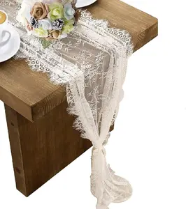 White Lace Embroidered Table Runner - 14x120 in, Non-Customised Reusable Boho Vintage Rustic Machine-Washable Kitchen Linen for Wedding Decorations, 14X120 Inches