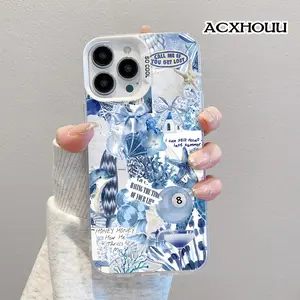 Designed for iPhone 16 E Pro Max 15 Plus 14 13 12 11 XS XR CaseLight Blue Coastal Collage Soft Durable TPU Protective Cover CASE