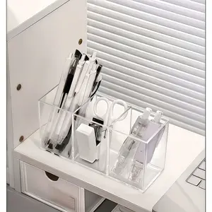 Transparent Acrylic Makeup Brush Holder & Cosmetic Storage Box, Three-Compartment Desktop Organizer, Square Pen Holder for Home Bathroom Office Desk, Cosmetics Organizer Storage