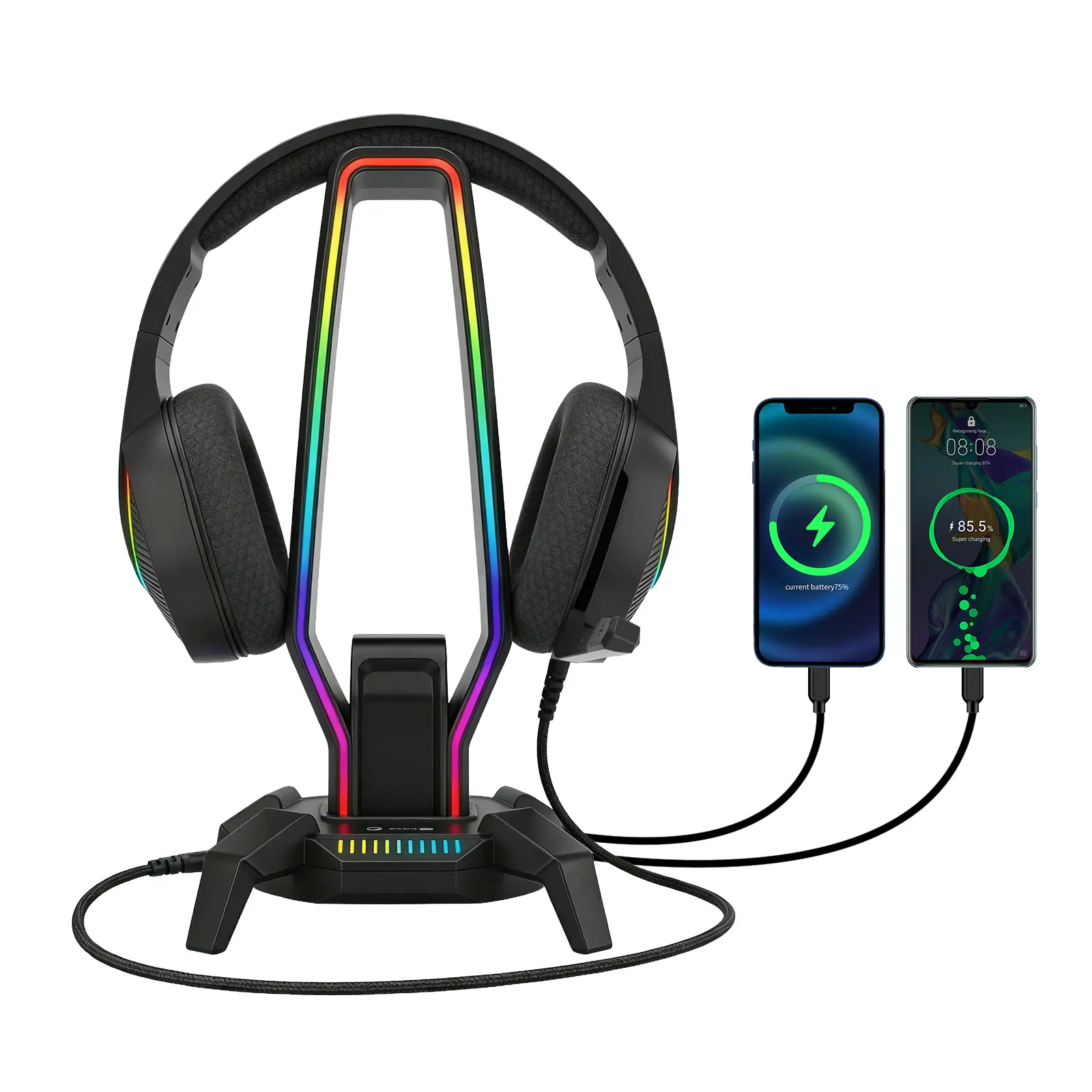 Gaming Headset Stand with USB Hub & RGB Light - 3 USB 2.0 Ports + Type-C Charging + 3.5mm Audio Jack, 10 Light Modes, 480Mbps Transfer, 323g, for PC/PS5/Xbox Gamers/Desktop Organization