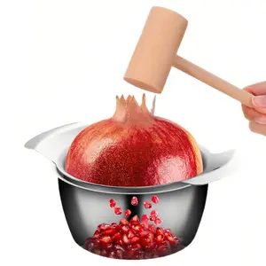 Stainless Steel Pomegranate Peeler Set, Convenient Pomegranate Peeling Artifact, Includes Deseeder Bowl and Wooden Hammer, Quick Pomegranate Removal for Home Use, Kitchen Gadget