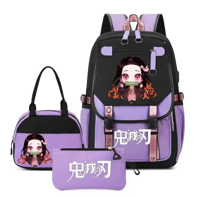 Anime Backpack Set with Purple and Black Design Featuring Character Artwork and Matching Accessories for Fans