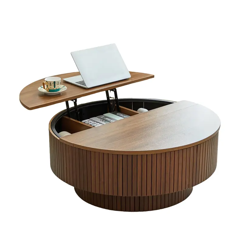 Giratree 33" Round Coffee Table with Lift-Top & Flip-Top Storage, Modern Accent Fluted Coffee Tables with Metal Frame, Wooden Circle Center Table for Living Room Small Space Apartment Office