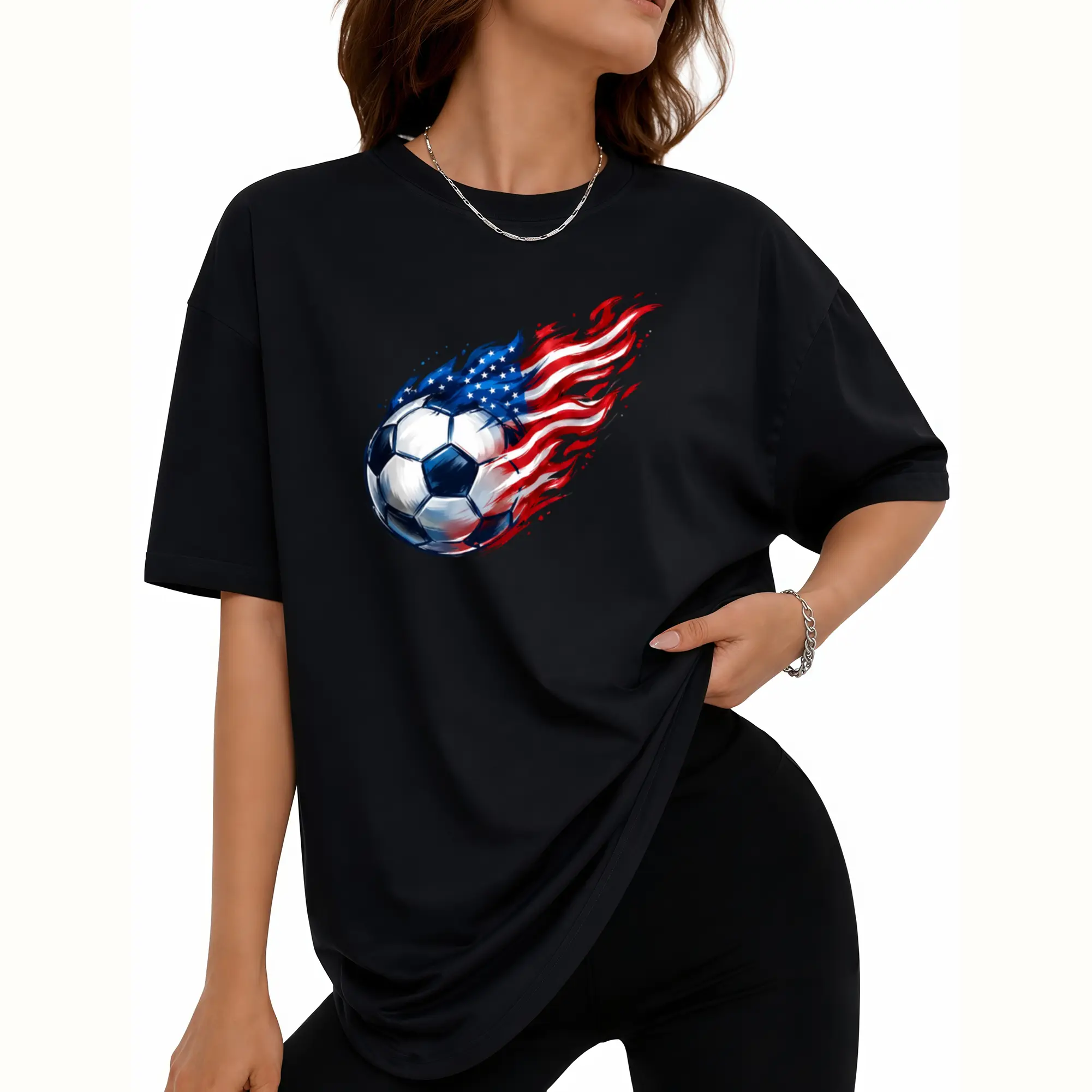 Game Day Y2K USA Soccer Graphic Tee for Women, Unisex Oversized Patriotic Fireball Print T Shirt, Vintage Sports Streetwear Top, Trendy Graphic Tee, Casual Graphic Shirt