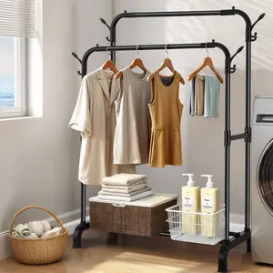 Sturdy Metal Double Rodding Clothes Rack, Portable Clothing Rack With Shelves & Hooks, Heavy Duty Garment Racks For Hanging Clothes, Multi-Functional Closet Rack For Bedroom, Laundry Room
