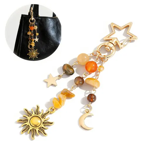 Auspicious Zinc Alloy Sun-Moon Keychain Jewelry with Colorful Star Beads - Unisex Y2K Alt Style Astrology Charm, Boho Hippie Bag Charm for Purse/Handbag, Celestial Christmas Gift