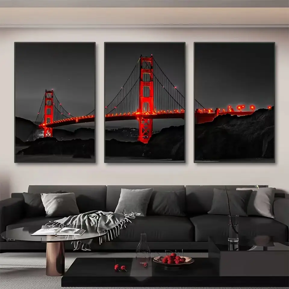 3pcs Unframed Golden Gate Bridge Night Scene Oil Painting Artistic Wall Art Print Artwork, Decoration Items, Home Decor Modern Minimalist Design Canvas Poster for Living Room Decoration, Art Canvas Prints