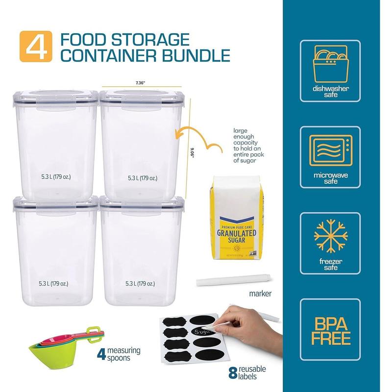 4 Pack 5.3L Large Airtight Food Storage Containers, BPA-Free Plastic Canisters for Flour, Sugar & Rice, Kitchen Pantry Organization Storage Containers with Sealed Lids, Ideal Kitchen Utensils