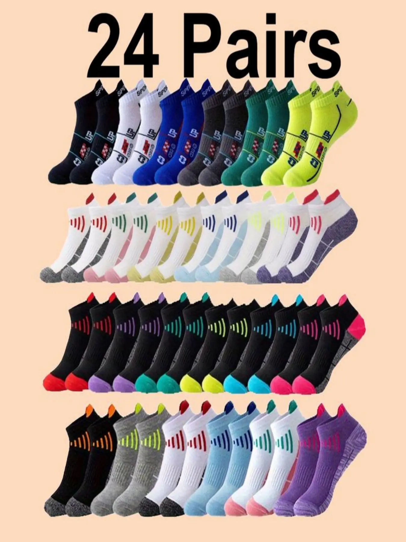 24 Pairs Breathable Couple Sports Socks, Professional Marathon Running Socks, Basketball Jump Rope Socks, Colorblock Ankle Socks, Athletic Socks, Gym Socks, Active Socks