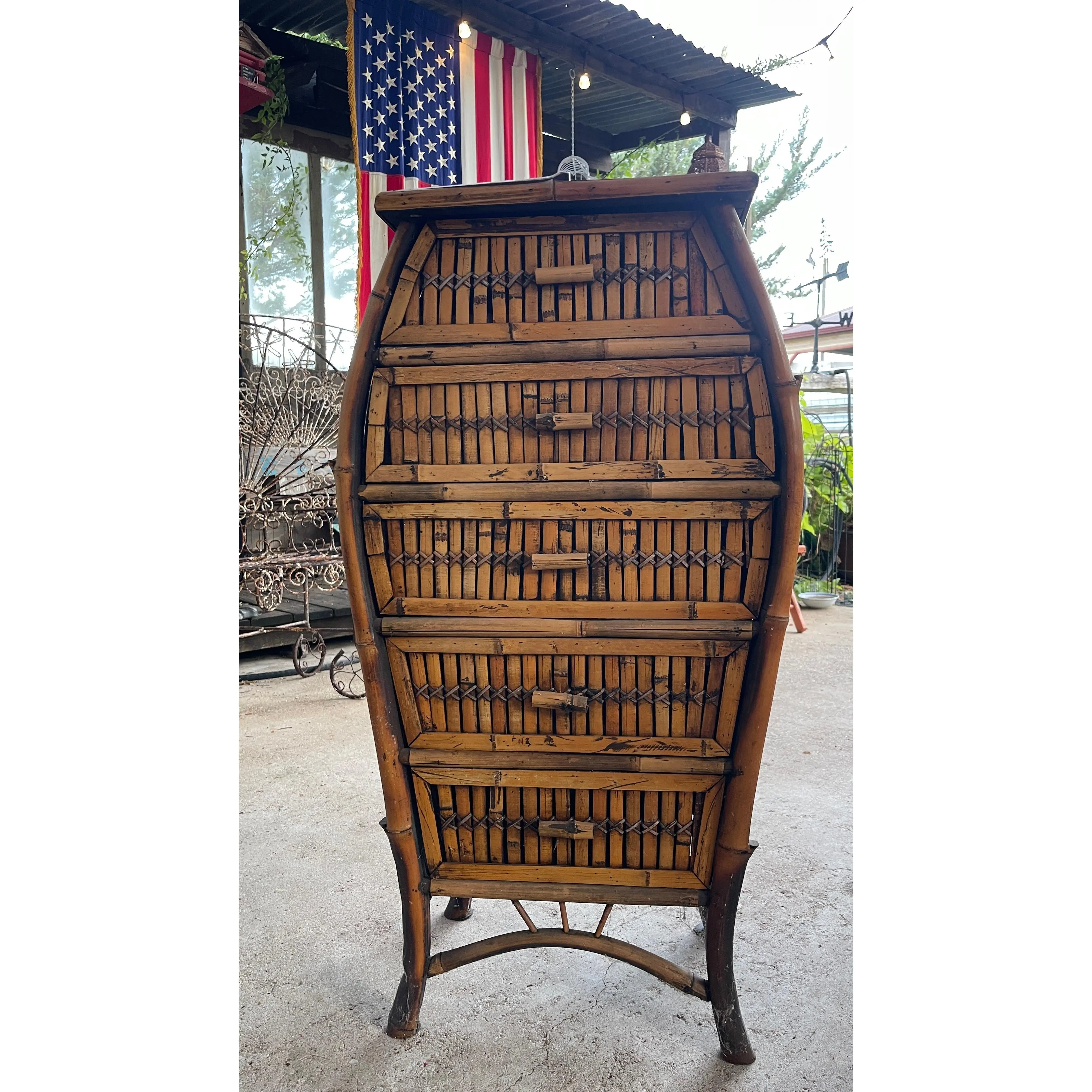 Vintage Burnt Bamboo Five Drawer Chest