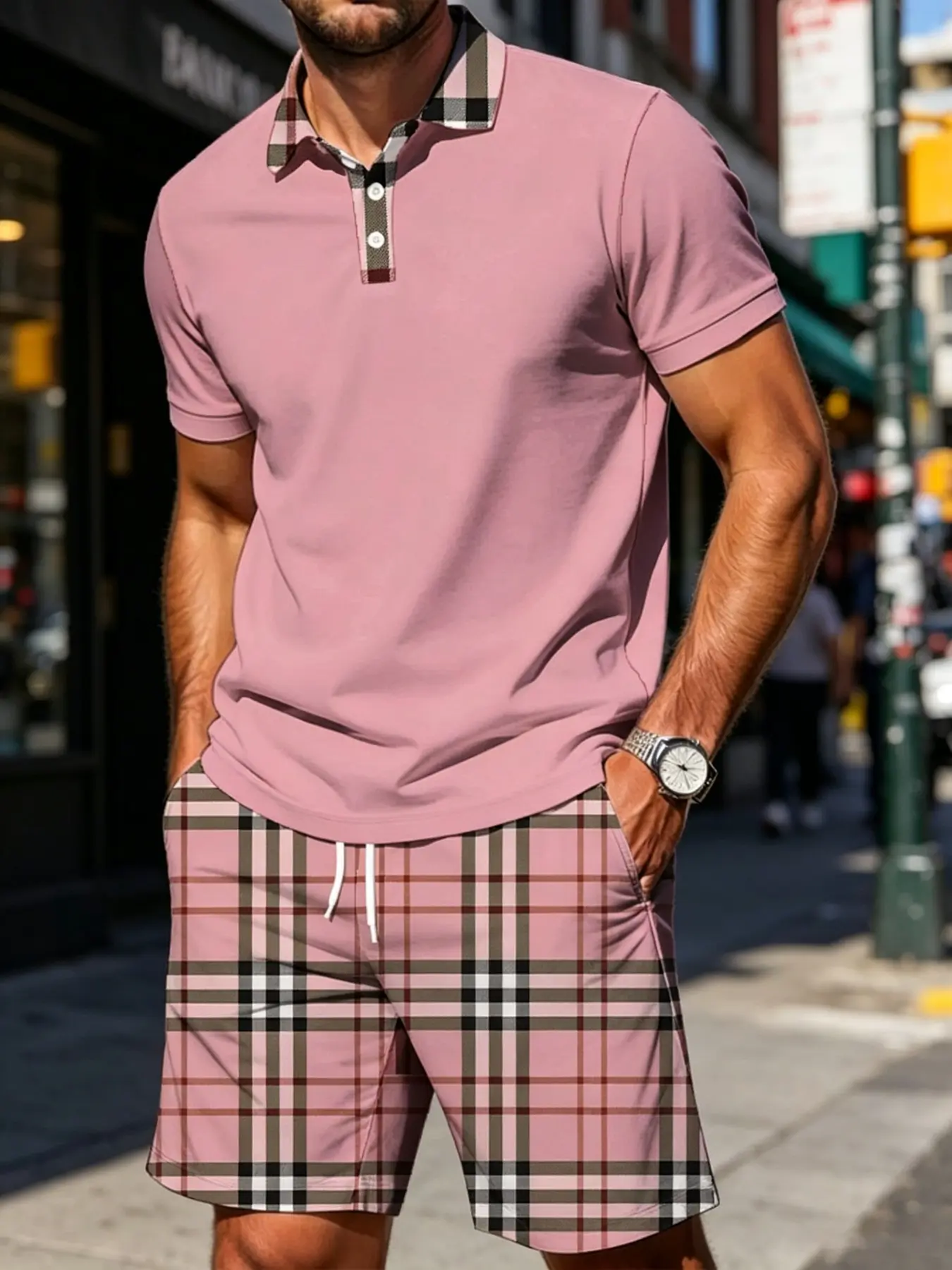 Men's Summer Plaid Checked Patchwork Set, Polo Shirt + Matching Plaid Shorts, Casual Two-Piece with Pocket & Drawstring Waist, Gift Idea