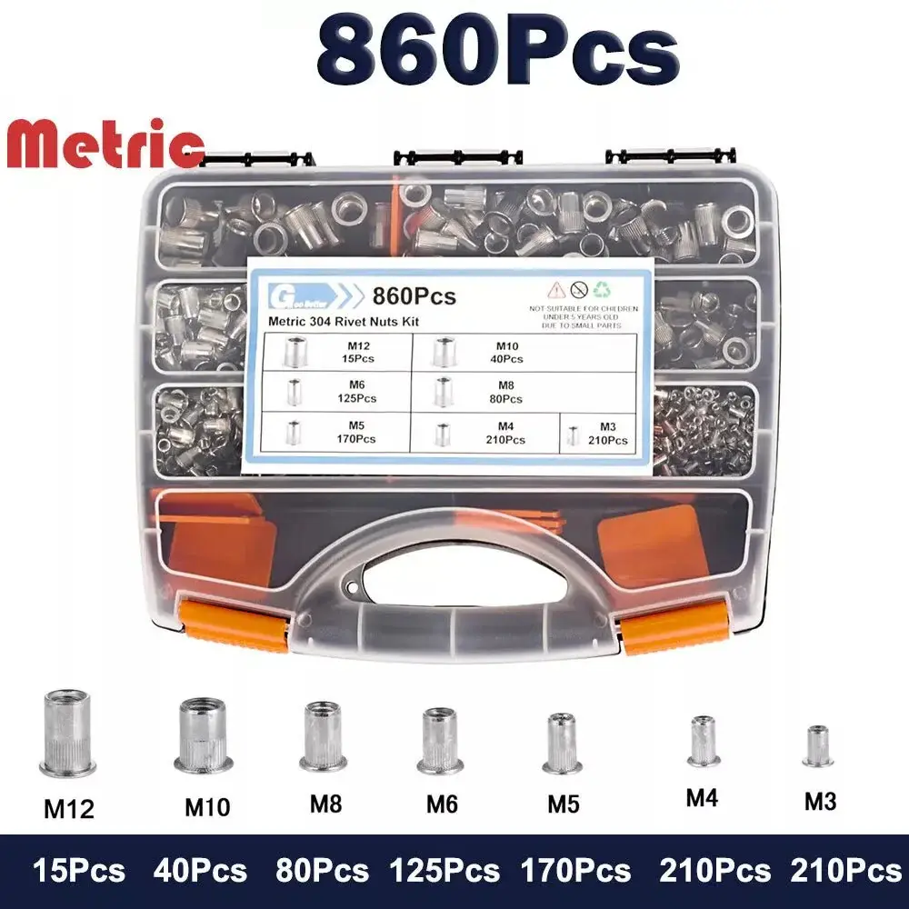 304 Stainless Steel Corrosion-Resistant Threaded Insert Rivet Nuts Kit (860 Pieces) - Imperial Dual Size Sets, Storage Case, Rust Protection, Long-Lasting Durability, Easy to Install, for DIY, Home Repair