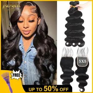 Body Wave Bundles with 5x5 lace Closure Human Hair 100% Unprocessed Brazilian Virgin 15A Body Wave Human Hair Weave Bundles with 5x5 HD Lace Closure Natural Color for women