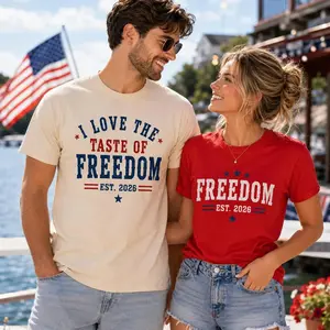 Freedom Est 2026 Matching Couple T-Shirt, I Love the Taste of Freedom Patriotic Tee, America 250th Anniversary Shirt, 4th of July Gift