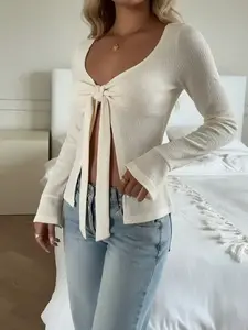 Women's Knitted Heart Neckline Ruched Waist Tie Front Sexy Slit Long Sleeve Top, Stylish and Comfortable Casual Wear