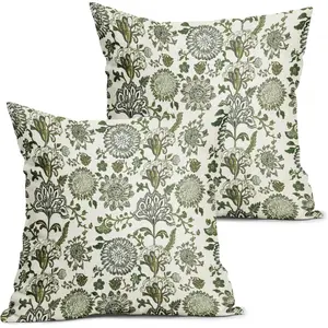 aportt Green Block Print Pattern Pillowh Set of 2 Vintage Flower Botanical Leaves Decorative Pillow Cases Rustic Floral Cotton Linen Cushion Case Farmhouse Home Decor for Sofa Couch Sofa Cushion Cover Cushion Slipcovers