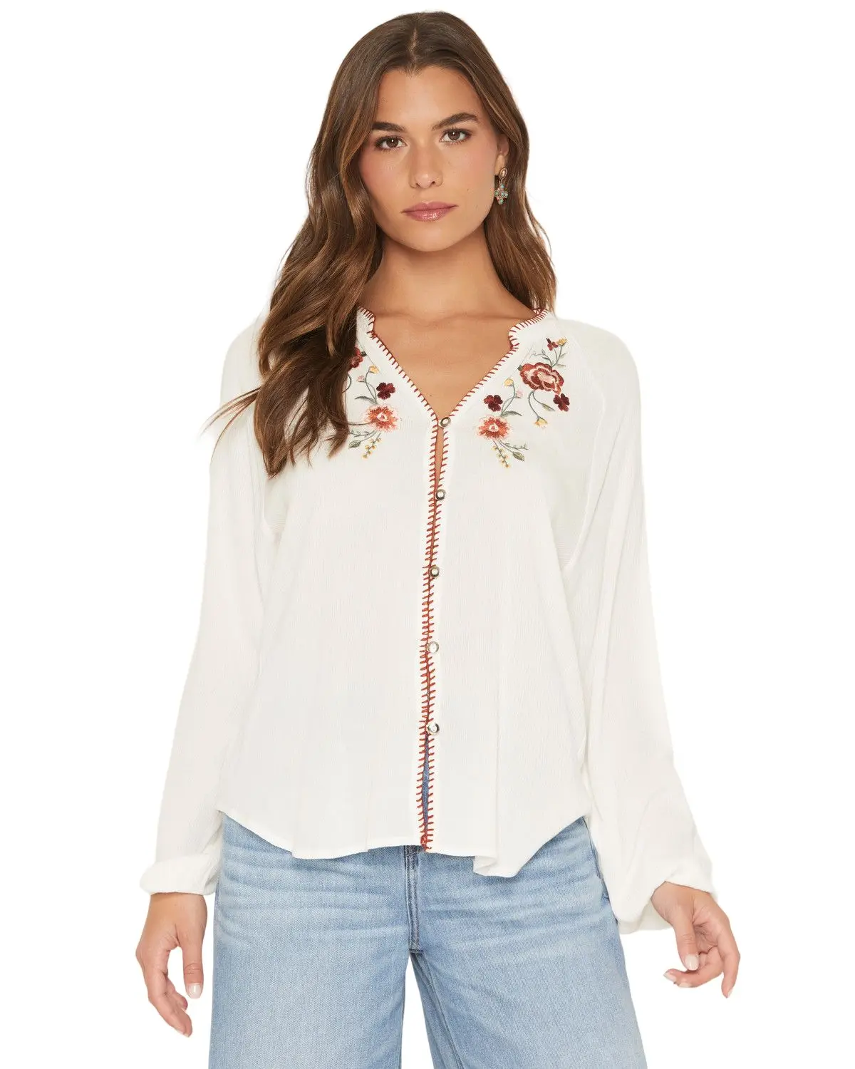 Wild Moss Women's Women'S Long Sleeve Whip Stitch And Embroidered Peasant - Ima6020-19H