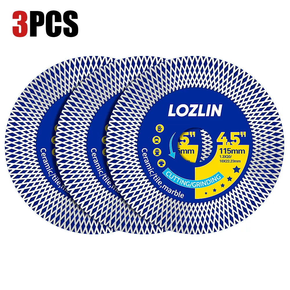 LOZLIN 3PCS 115mm (4.5")Mesh Turbo Diamond Cutting Blades - Dry Ultra Thin for Rock Slabs, Ceramic & Marble - Angle Grinder Blades for Cutting, Grind