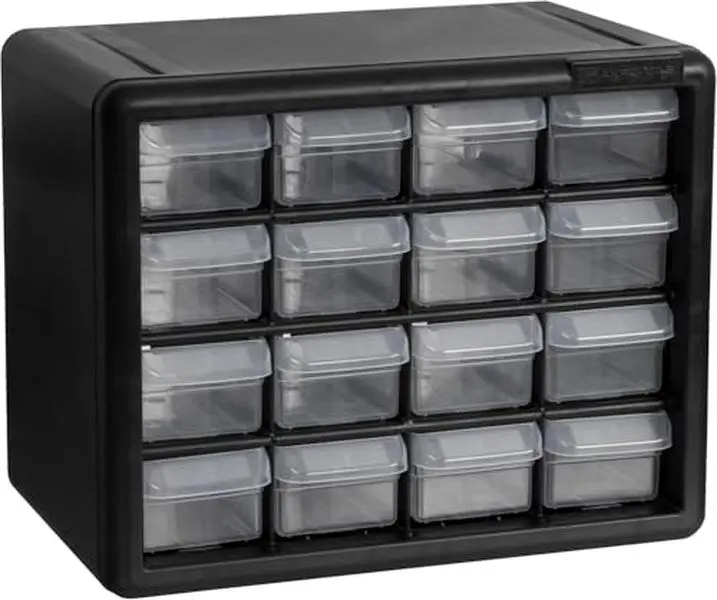 16-Drawer Plastic Storage Cabinet - For Garage Organization, Lego Storage, Teacher Toolbox, Makeup Organizer, 10-1/2” W x 6-1/2” D x 8-1/2” H, Black