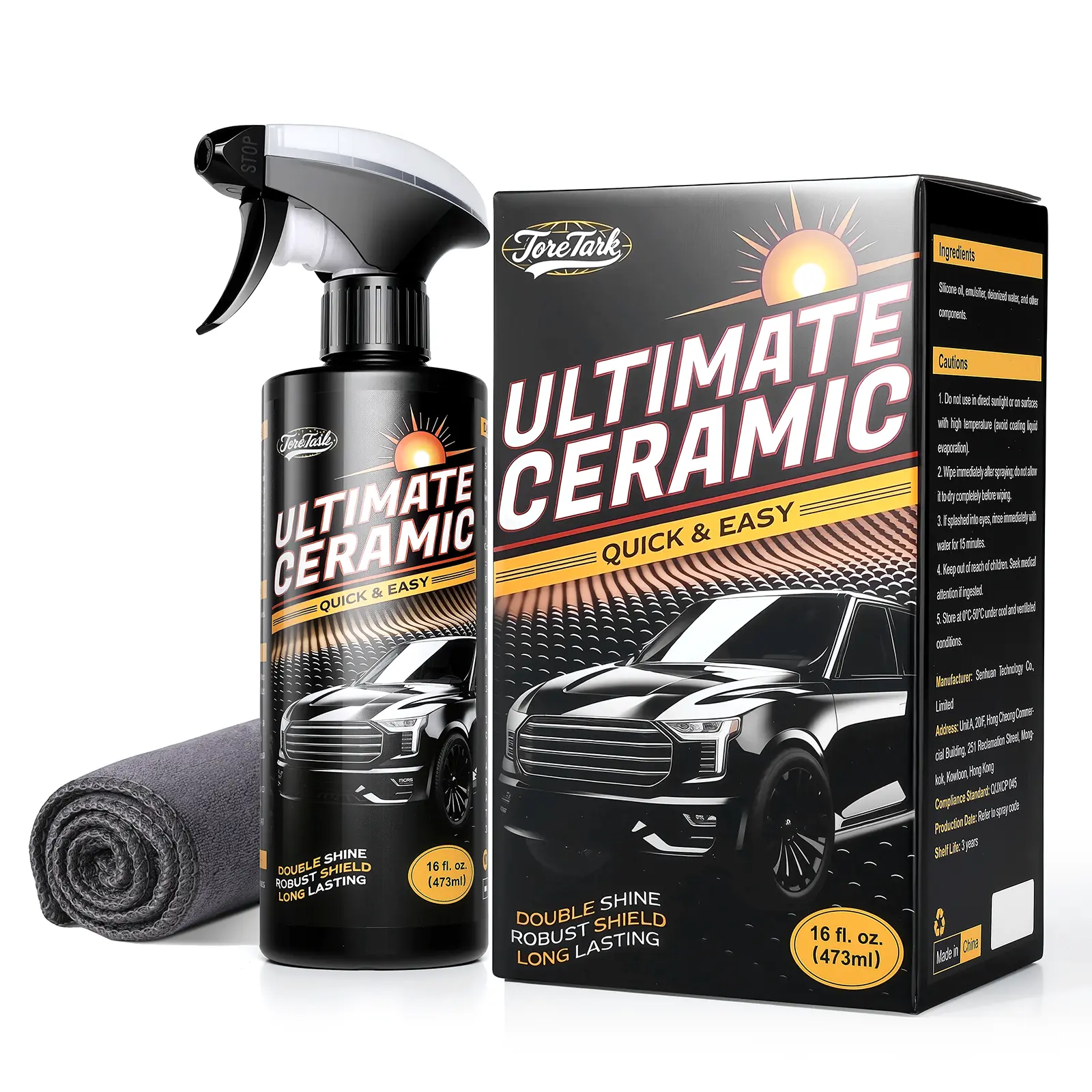 TORETARK 3-in-1 Graphene Ceramic Coating Spray, Nano Car Polish & Hydrophobic Protective Wax, Waterless Wash, Scratch Repair & High Gloss Shine, 16 oz