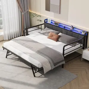 Black Twin Daybed with Trundle, Charging Station and LED Light, Linen Upholstered Storage Headboard, Heavy Duty Metal Bed Frame with Pop Up Trundle Bed for Living Room, Bedroom, and Guest Room