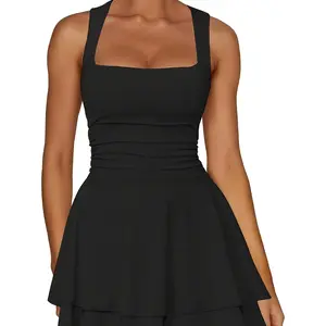 Women'S Square Neck Ruffle Hem Mini Dress Pleated Waist Short Party Dress