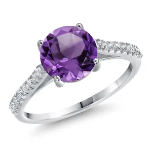 Gem Stone King 14K White Gold 8MM Round Gemstone Birthstone and White Lab Grown Diamond Engagement Ring | Wedding Anniversary Promise Gold Ring For Women | Available In Size 5, 6, 7, 8, 9