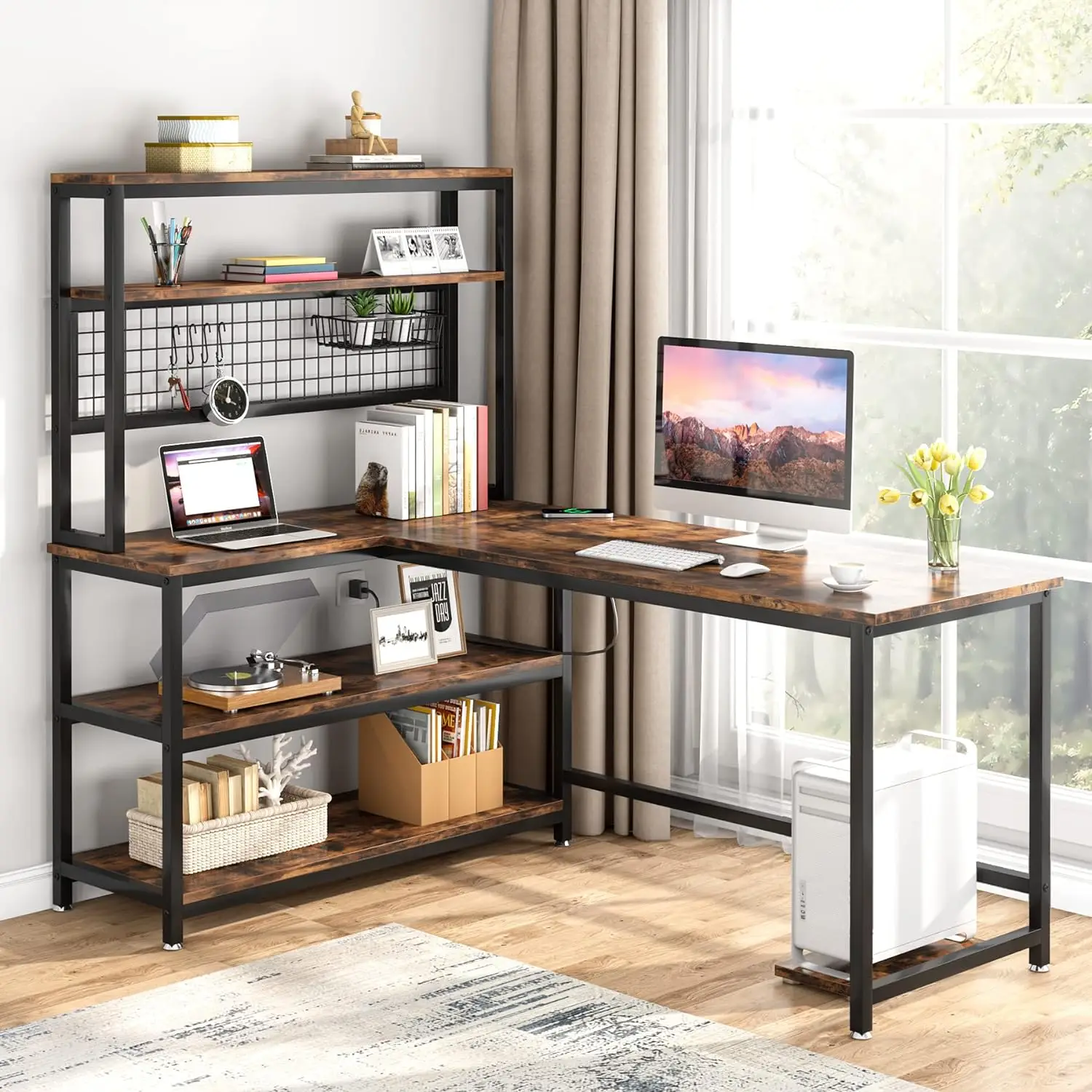 Tribesigns 55" Large Computer Desk with Wireless Charging 5 Storage Shelves, Office Desk with Hutch Bookshelf for Home Office
