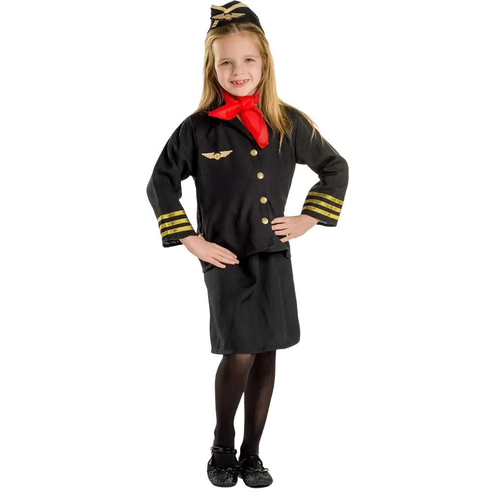 Flight Attendant Costume Dress For Kids | 4-Piece Set with Jacket, Skirt, Scarf & Hat - Cosplay Outfit - Perfect for Halloween, Pretend Play Fun & Theme Party