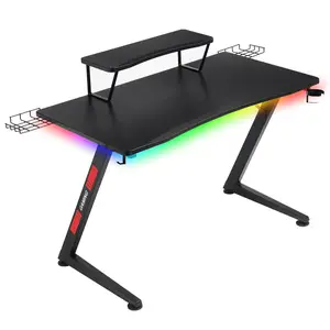 GTRACING Ergonomic Curved 3-Sided LED Z-Leg Gaming Desk, Black