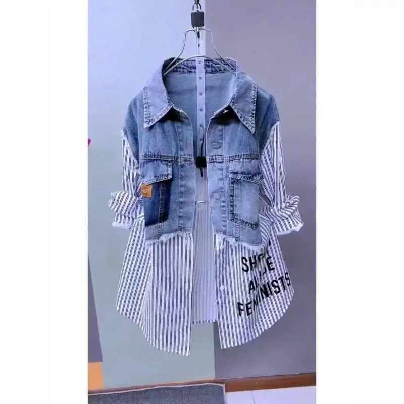 Denim Patchwork Striped Long Sleeve Shir