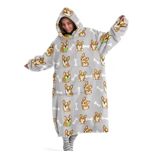hoodie blanket，Wearable Blanket,Cute Corgi Print Hooded Blanket, Wearable Soft Warm Throw, Large Size Sofa Cover, Home Leisure Blanket, Air Conditioning Blanket, Gift Idea,Christmas Gift,Valentine's Day gift