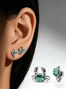 Ocean Crab & Conch Stud Earrings, Silver Color with Crystal Accents, Elegant Jewelry for Women, Perfect Gift Idea