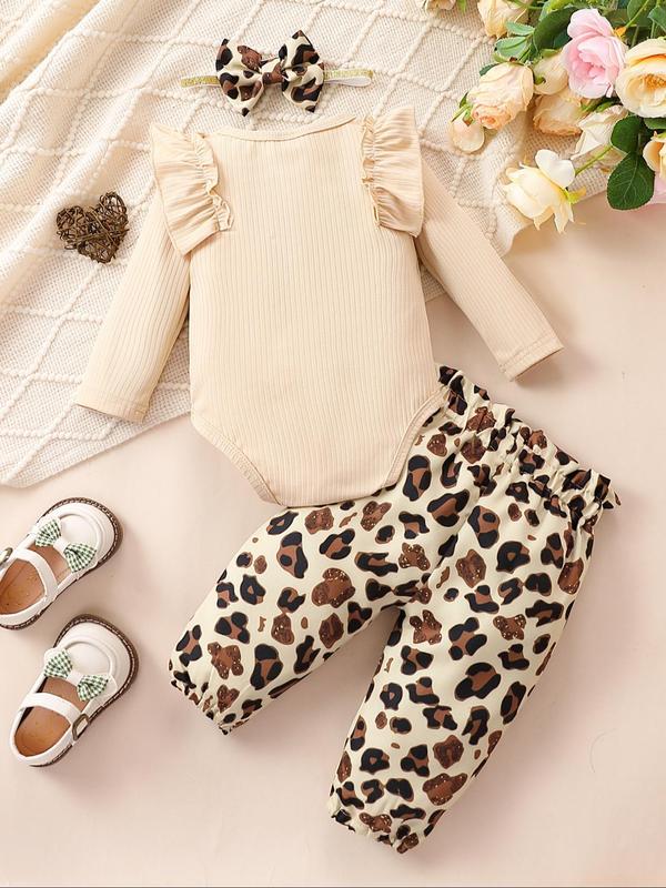 Three-piece Set Girl's Plain Ruffle Trim Bodysuit & Leopard Print Elastic Waist Pants & Hair Band Set, Casual Long Sleeve Round Neck Bodysuit & Trousers & Hair Band for Daily Wear, Kids Clothing for All Seasons, Girl Clothes, Essentials Set