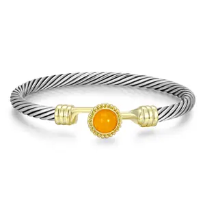 Mytys Yellow Agate Cuff confidence Bracelet Two Tone Twisted Cable Wire Vintage Inspired Bracelet Stack Elegant Dainty Jewelry Gift for Women