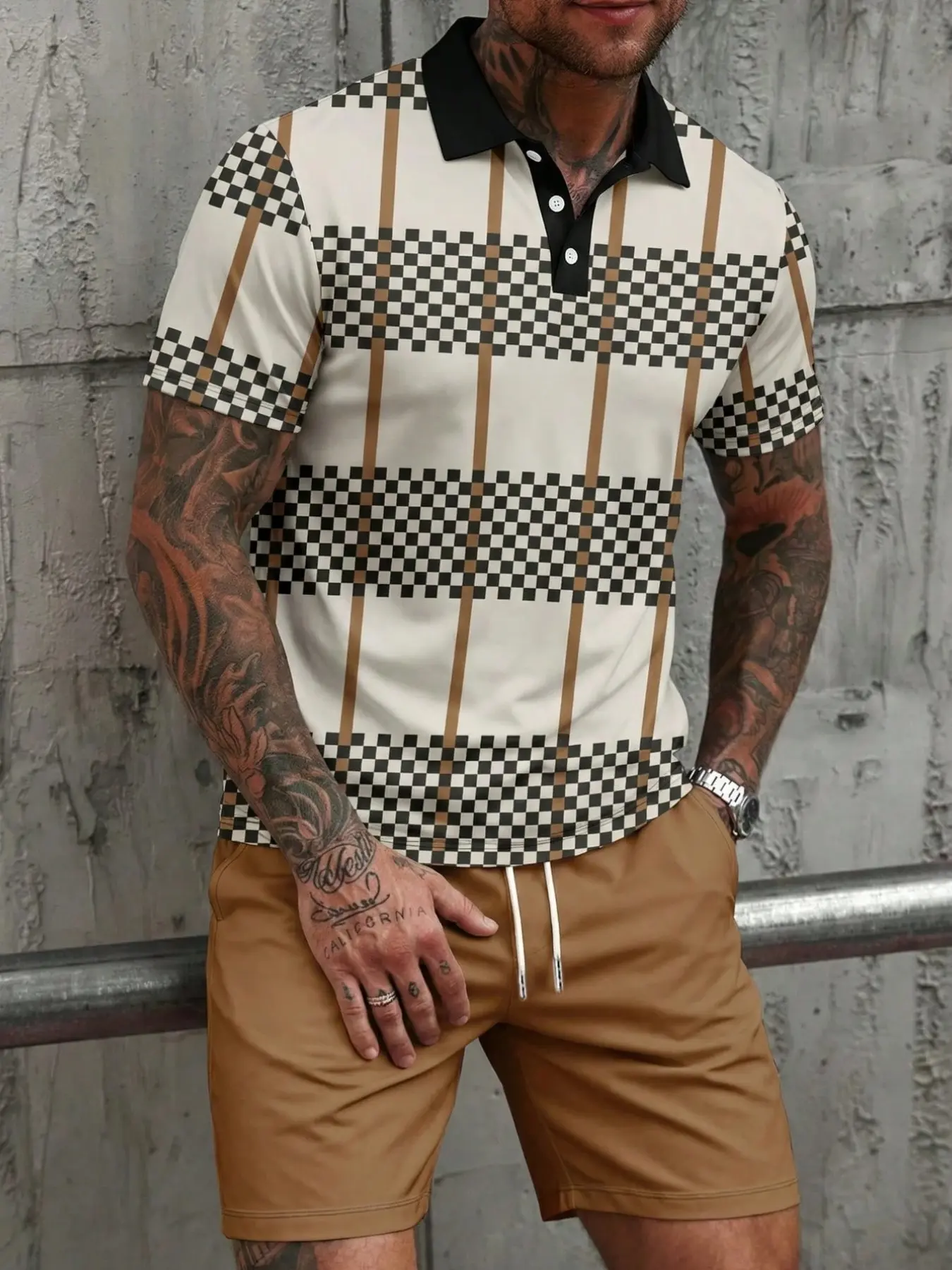 Men's Plaid Patchwork Checked Short Sleeve Polo Shirt with Casual Shorts Set, Slim-Fitting Graphic Tee, Above the Knee Bottom Type, Menswear, Fitted Outfit Sets, Style Set