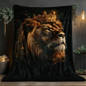 Lion with Crown HD Printed Flannel Blanket - 280GSM Heavyweight Soft & Warm All-Season Luxury Bedspread, 3 Sizes (30x40in, 50x60in, 60x80in) for Bed, Sofa, Travel & Camping - Majestic Lion Face Design with Glowing Eyes, Contempora