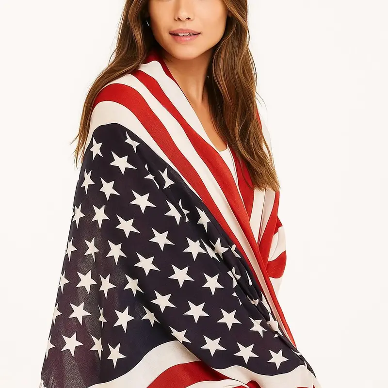 78x27" Striped American Flag Tassel Edge Shawl Wrap - Fourth of July Anniversary All-Season Layering Accessory, Soft Stylish Patriotic Neck Scarves for Party Wear