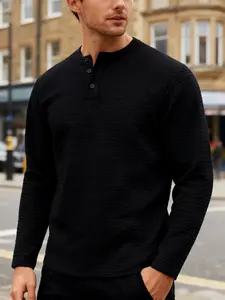Men's Solid Color Small Check Long Sleeve Henley Shirt, Jacquard Knit Fabric, Soft Comfortable Stretch Top for Sports Casual Daily Wear, Work Outfits