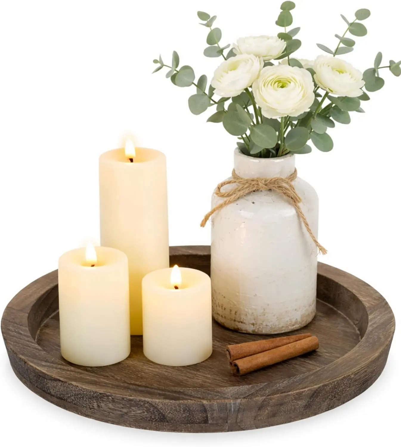 Distressed Wooden Round Tray - Single Rustic Farmhouse Candle Holder for Pillar, Tealight Candles, Home Decor, Kitchen, Engagement Event, Table, Shelf Centerpieces