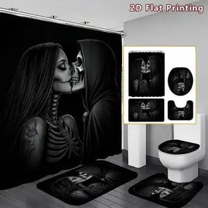 4PCS Skull Kiss Shower Curtain set, Monochrome Skeleton and Female Figure Bathroom Decor, Accessories with Bath Mat, U-shaped Mat, Toilet Lid Cover, 12 Hooks 180x180cm Curtain, Gothic Romance, Home Decor, bathroom accessories